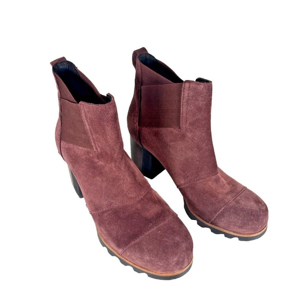Sorel Addington Chelsea Block Heel Suede Booties Redwood Burgundy Women's Sz 10